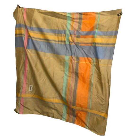 YSL vintage neutrals khaki pastel graphic print polished cotton scarf shawl wrap - Picture 1 of 7